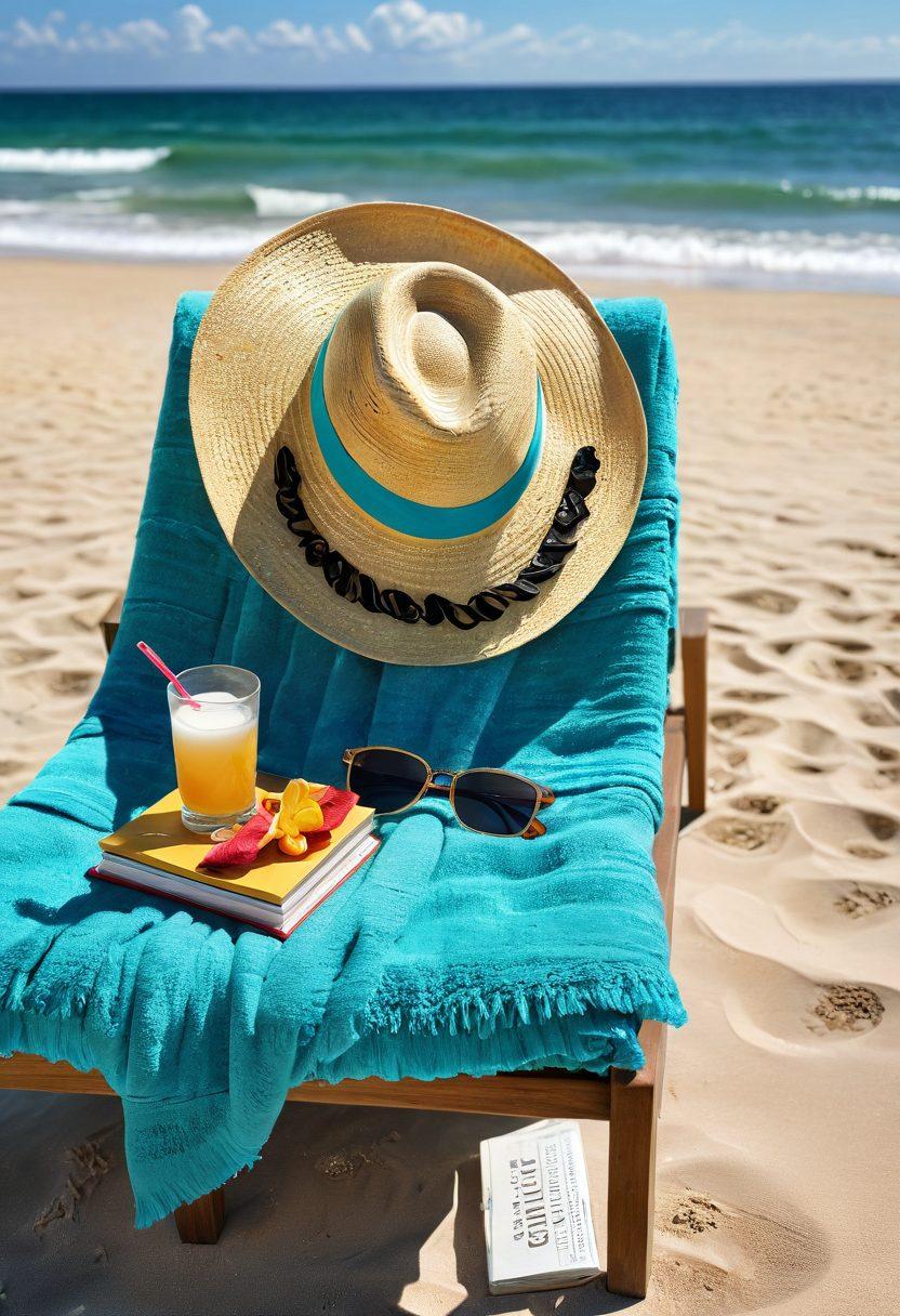 A serene beach scene featuring a cozy sun lounger draped with a colorful towel, beside a stack of vibrant beach novels, with shimmering turquoise waves gently lapping at the shore. A sunhat and sunglasses are placed on the lounger, and a refreshing drink rests nearby, all under a bright blue sky dotted with fluffy white clouds. The scene should evoke a feeling of relaxation and indulgence, ideal for beach reading. vibrant colors. super-realistic.