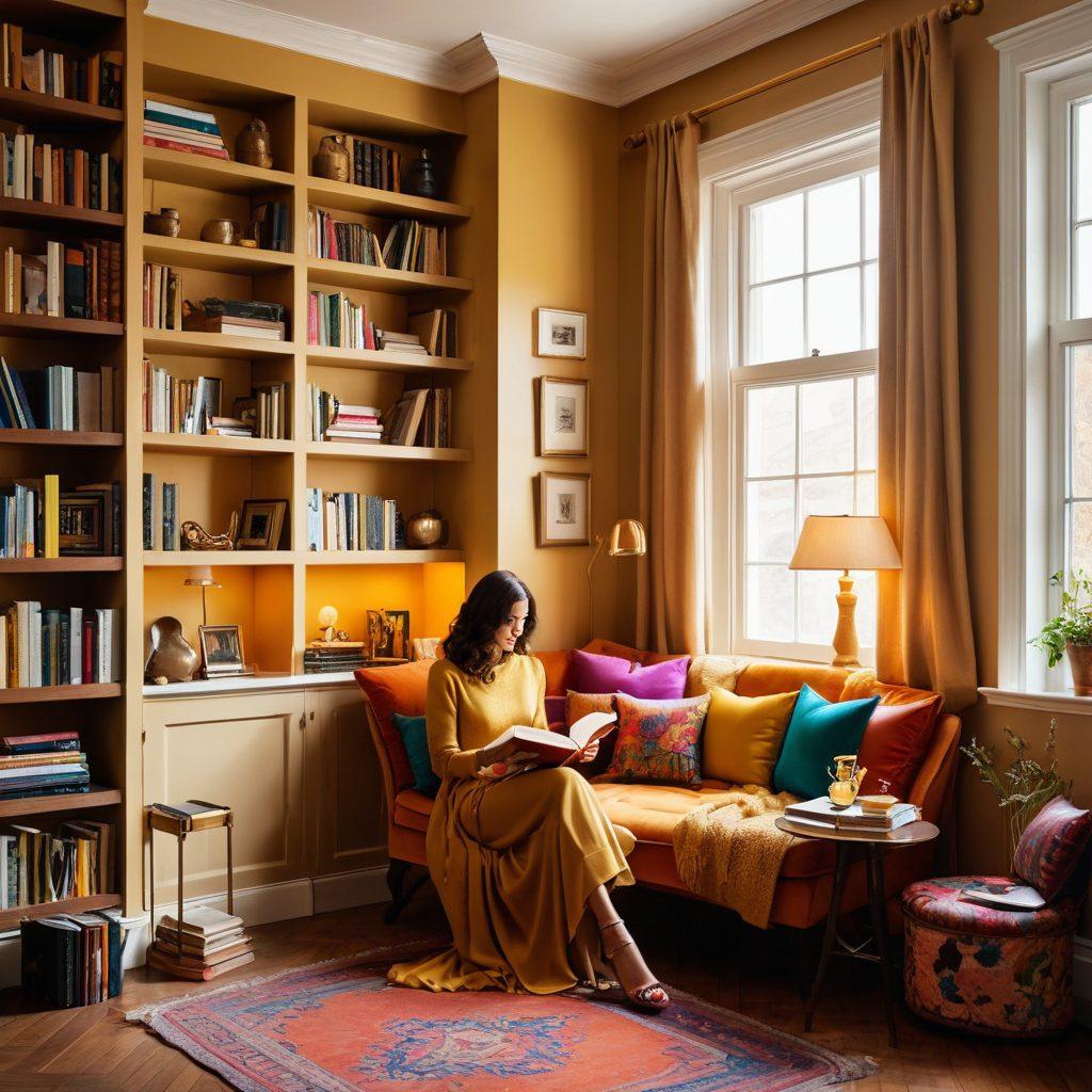 A stylish woman sitting in a cozy reading nook, adorned in a chic outfit with colorful accessories, immersed in a classic novel. Surrounding her are shelves filled with books and a steaming cup of tea beside her, while sunlight filters through the window, casting warm hues. The atmosphere is inviting and elegant, merging fashion and literature seamlessly. super-realistic. vibrant colors. cozy ambiance.